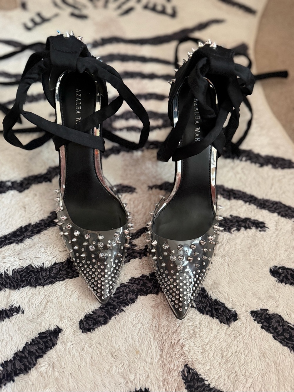 Silver Studded Pointed-Toe Lace-Up Heels